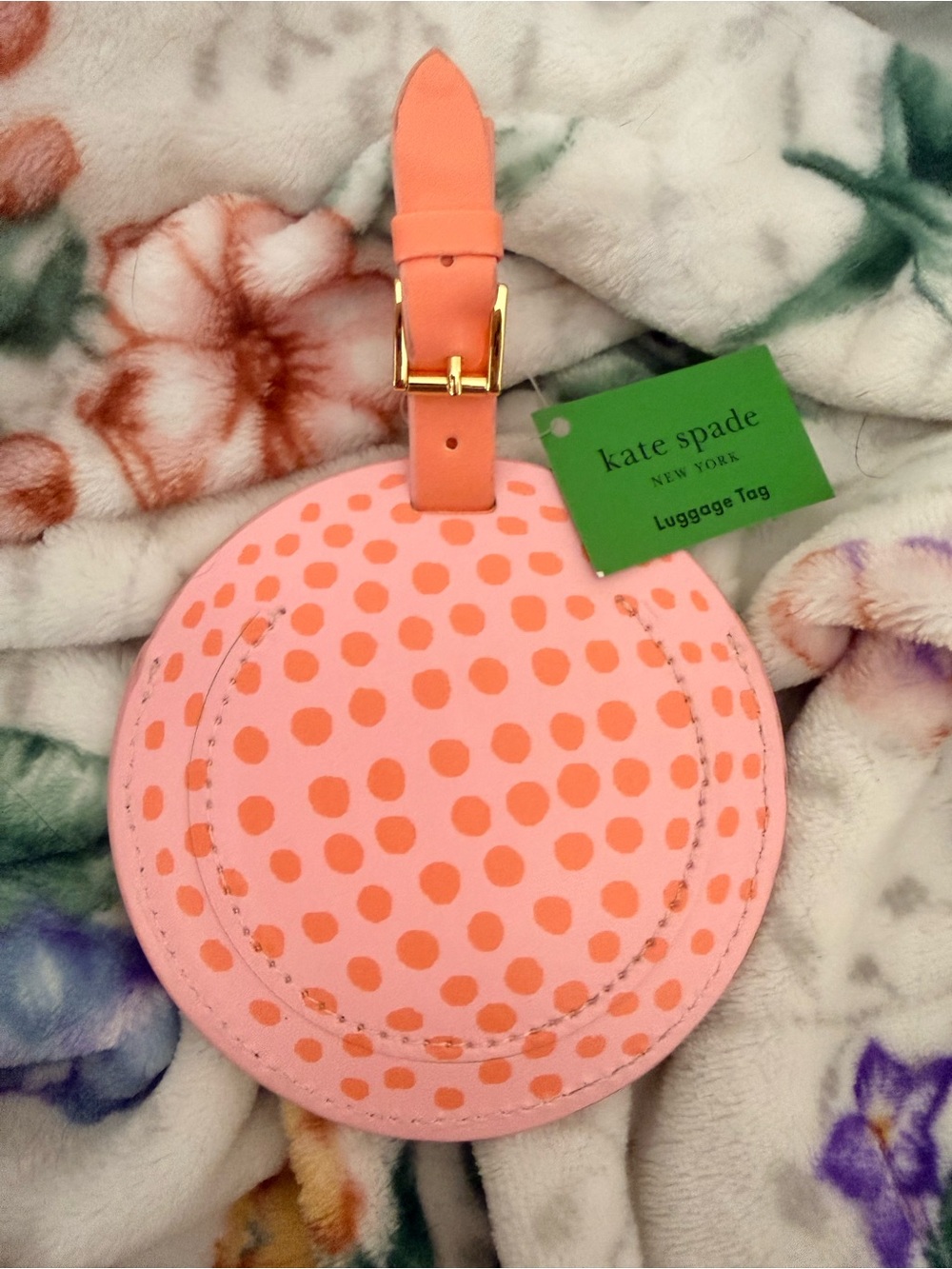 kate spade Golf Ball Coral Pink and Orange Polka Dot Round Luggage Tag